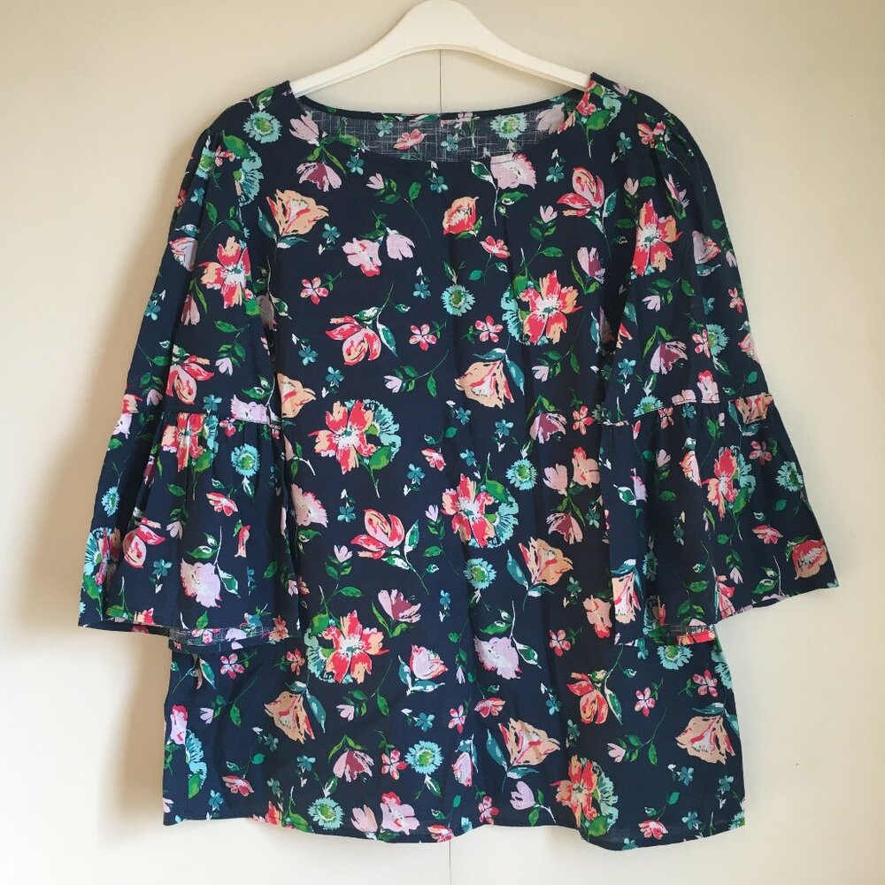 Vintage Floral Cotton Bell Sleeve Fairy Garden Top L